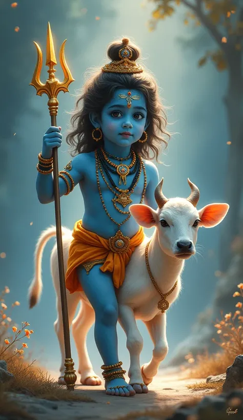 Baby shiv ji with calf walking trisul liye huwe and blue colour body 