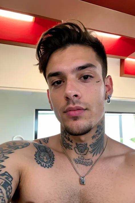 A man e-boy young selfie 2022 handsome attractive American 22 years old sexy expression American neck tattoo brown eyes 