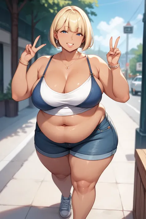 mature woman, dark skin, blonde hair, bob cut, obese, stand, smile, peace sign