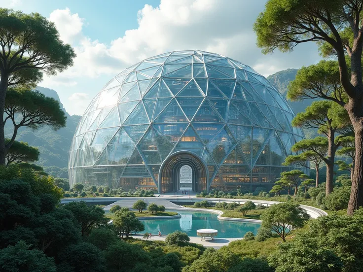 create a huge futuristic city under glass dome with metallic frames, city must have a buildings for living people, gardens and spaces for people rest. Style - futuristic. High of dome is 300 meters approximately