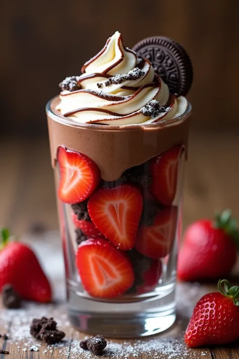 Glass of strawberries with cream around Nutella on top of their oreo and chubi toppings and powdered milk and the bottom of the back of beech strawberries