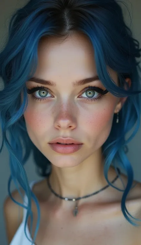 Longueur totale, make a fille indistinguishable from reality, cheveux bleus, visage étroit, yeux gris, fille, 18 ans, silhouette mince, yeux en amande, nez boutonné, lèvres pulpeuses, apparence européenne, ultra hautement détaillé et complexe,  eye-liner n...