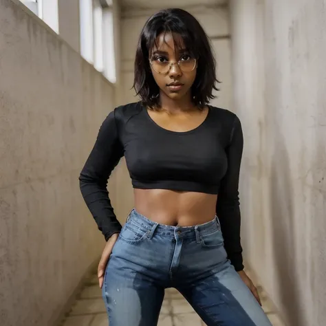 Photo, BLACK GIRL, beautiful face, com , Desperate look ,  in the corridor of a Brazilian school,  black hair, fringe, ((Urinate )), standing, jeans skinny, embarrassed,  hand between legs,  looking at the camera , (Show your wet ass )