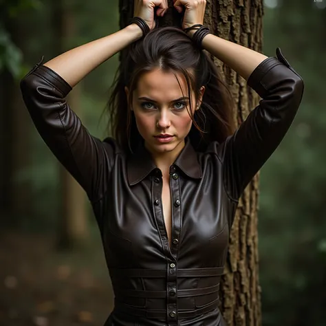 (masterpiece), best quality, expressive eyes, perfect face. Beautiful girl in shirt leather dress bound hands over head to tree. Cruel torture with long leather whip by henna montana.