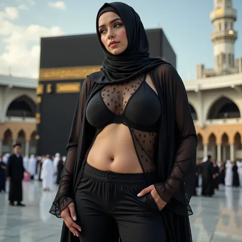 Niqab fat Curvy lady in very tight, see-through clothes in all over her body, very big tits. in front of the Kaaba,sexy body with huge breasts,The butt is up,open ass, full body view,Nipples protruding from clothing