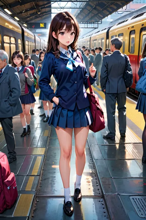 (super high quality:1.3), masterpiece, (high definition), HDR, 8k, school girl standing in uniform, crowded Busy Train Station,