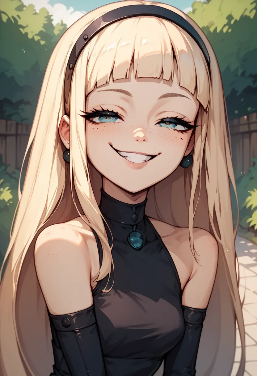 anime female android, cute and upbeat, yet impatient and desperate, smug face, petite body, sexy, dark dress