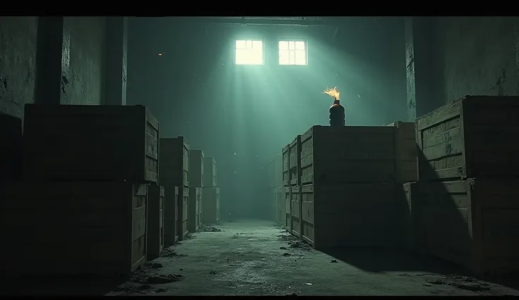 An abandoned warehouse ,  in low light and some large wooden boxes,  one of them a time bomb with the timer activated 