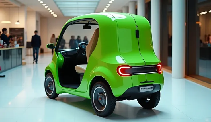 "A futuristic three-wheeled auto rickshaw with a bright green exterior, viewed from the rear. The design features sleek, aerodynamic curves, modern LED taillights, and a visible beige interior. The back has a small cargo space with a minimalist bumper and ...