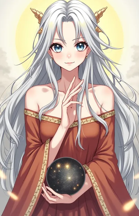 White hair, yellow highlights, blue eyes, long hair, moon