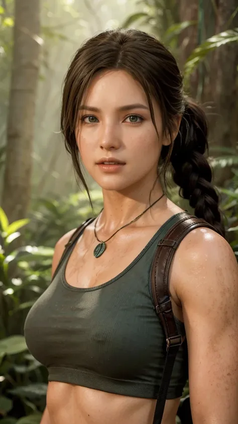 a beautiful female adventurer, Lara Croft, 1girl, extremely detailed face and eyes, long eyelashes, detailed lips, detailed skin, athletic muscular body, wearing a tight blue tank top and shorts, adventuring in a jungle environment, detailed foliage, sunli...