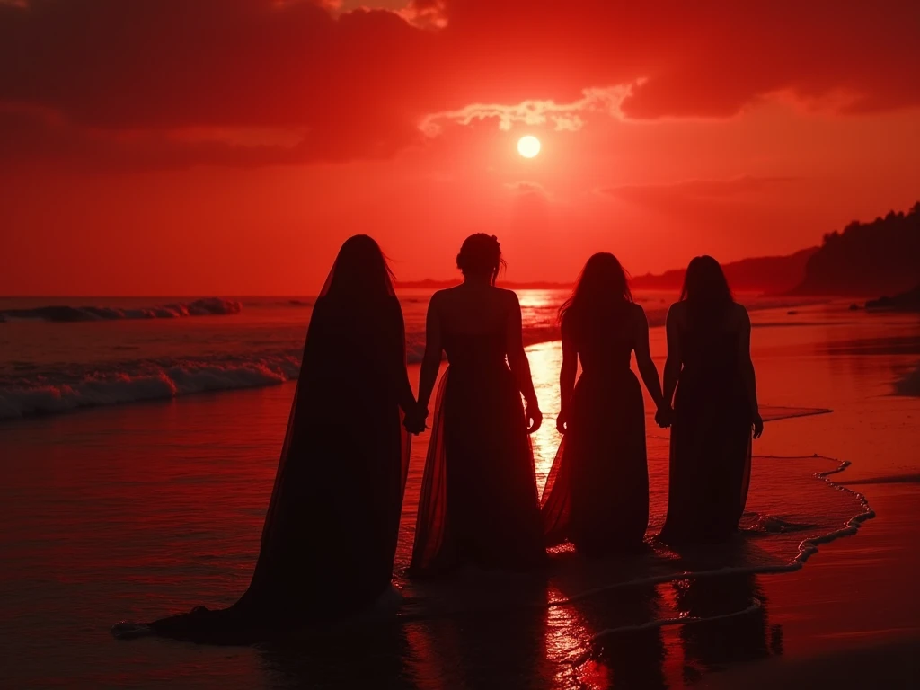 The vampiresses regroup on the beach, their figures glowing softly against the dark water and red-tinged sky. Their camaraderie and determination are palpable, creating an empowering and hopeful scene. A dramatic black and white film with intense red hues ...