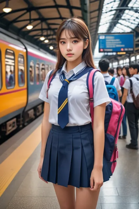 (super high quality:1.3), masterpiece, (high definition), HDR, 8k, school girl standing in uniform, crowded Busy Train Station,