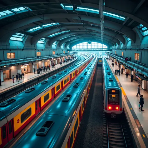 ( best quality, very detailed depiction , Incredible High Resolution ,Photographic images,上空からのPhotographic images),A bustling station, huge station,Chuo Station , Futuristic Station , Home with Full View , Lots of Homes , Lots of Trains Stuck at Platforms...