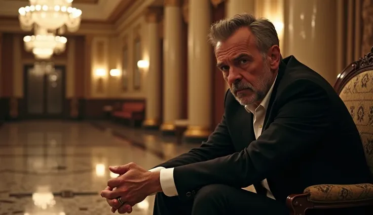 A suspicious man in his late 40s (the suspect), sitting nervously in a corner of the ballroom with shifty eyes.