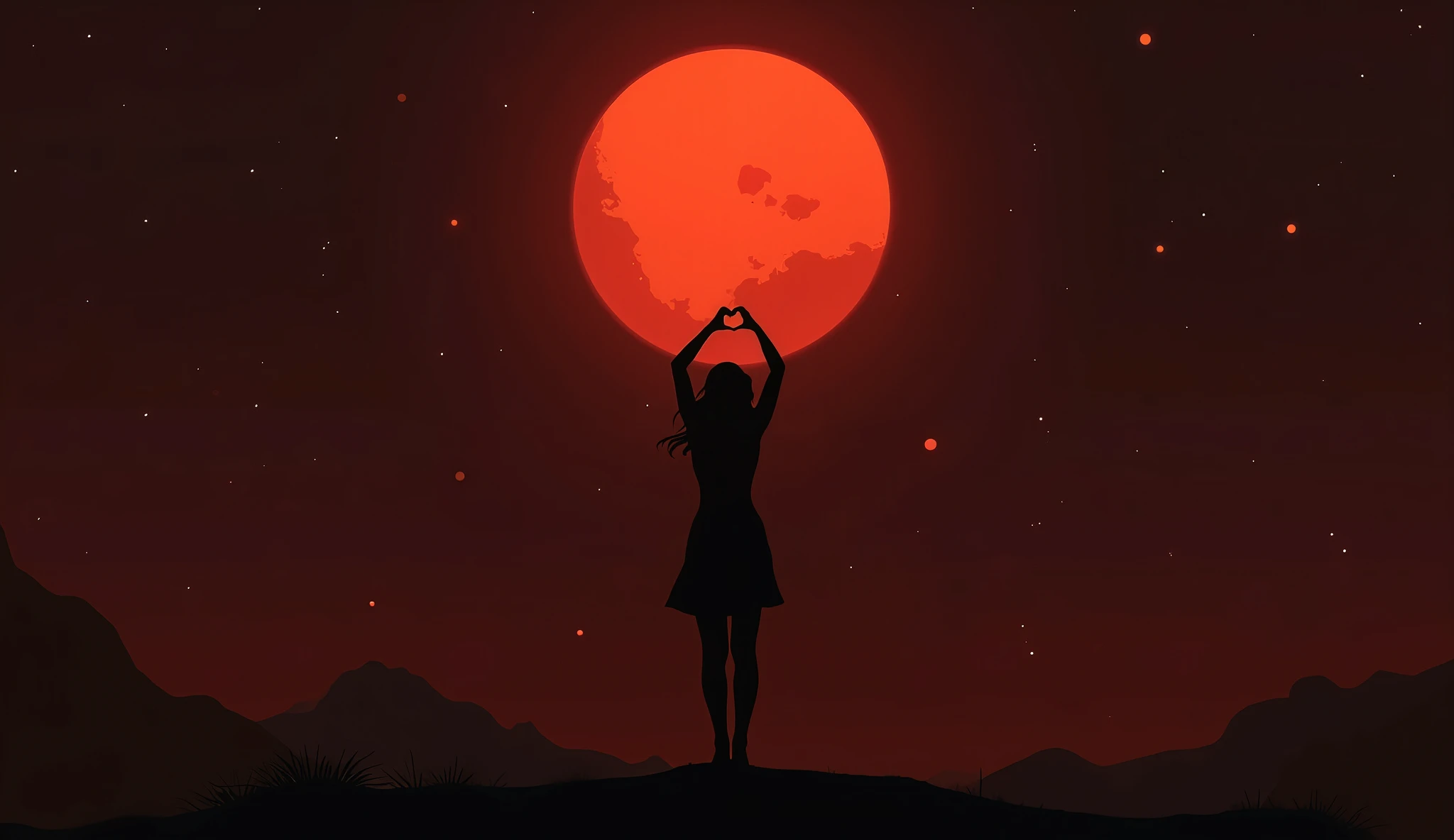 Silhouette of a woman from behind making a heart shape with her hands looking at the planet Mars