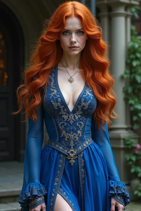 Ultra Realistic photography,beautiful redheaded sorceress, blue dress, leg-slit, deep V-neck