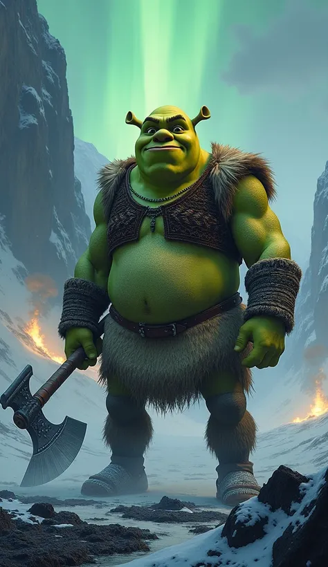 "Create an epic and detailed illustration of Shrek reimagined with Icelandic influences. Shrek’s signature green skin remains, but he is now dressed in rugged Icelandic attire, including a traditional woolen sweater (lopapeysa) with intricate Viking-inspir...