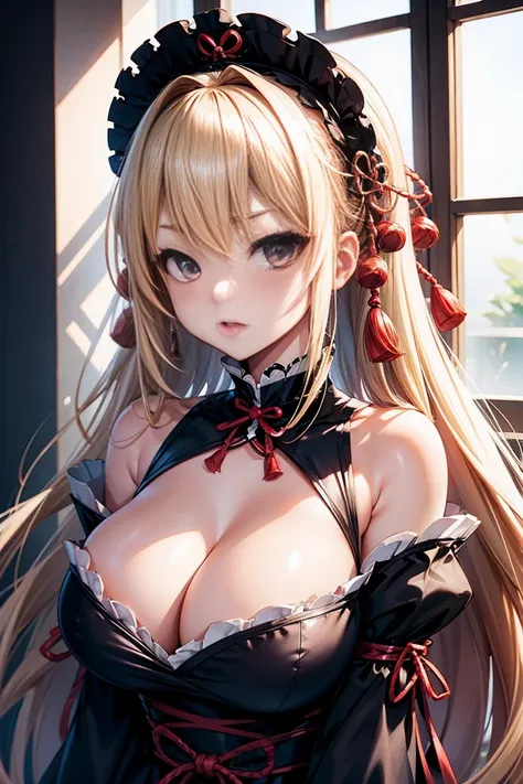  Japanese、Model、Big Breasts、Blonde、 long hair、 gothic lolita fashion、 furi furi clothes、 shows shoulders、 cleavage visible