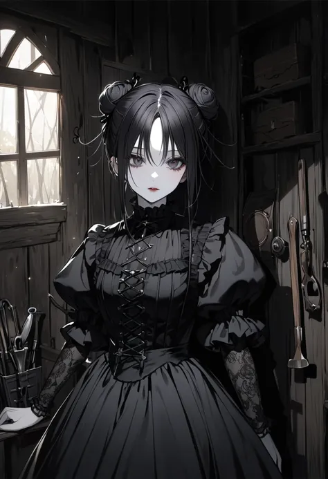 mysterious gothic woman with pale skin and dark hair in a loose bun, dressed in a Victorian-style black blouse with puffed sleeves, very small breasts, waist-up, standing in a shadowy barn with tools in the background