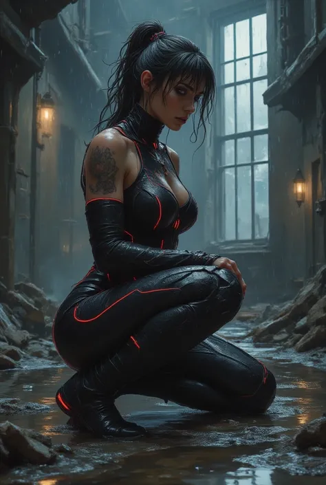 "A hyper-detailed, full-body illustration of a futuristic, cybernetic woman in a kneeling pose that highlights her toned, sensual curves and athletic silhouette. She is depicted in a ruined, industrial interior drenched in rain, with water streaming down f...