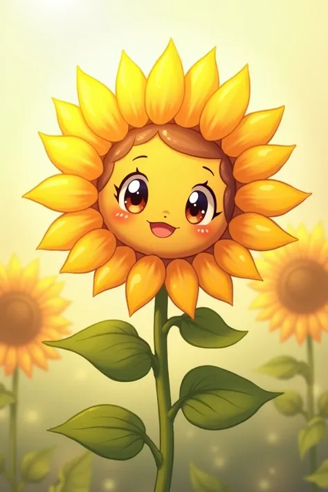 Sunflower anime with a tender smile saying hello 
