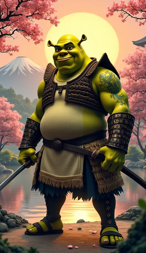 "Create a highly detailed and dynamic illustration of Shrek reimagined with Japanese cultural influences. Shrek’s classic green skin remains, but he now wears a traditional Japanese samurai outfit, with intricately designed armor featuring elegant patterns...