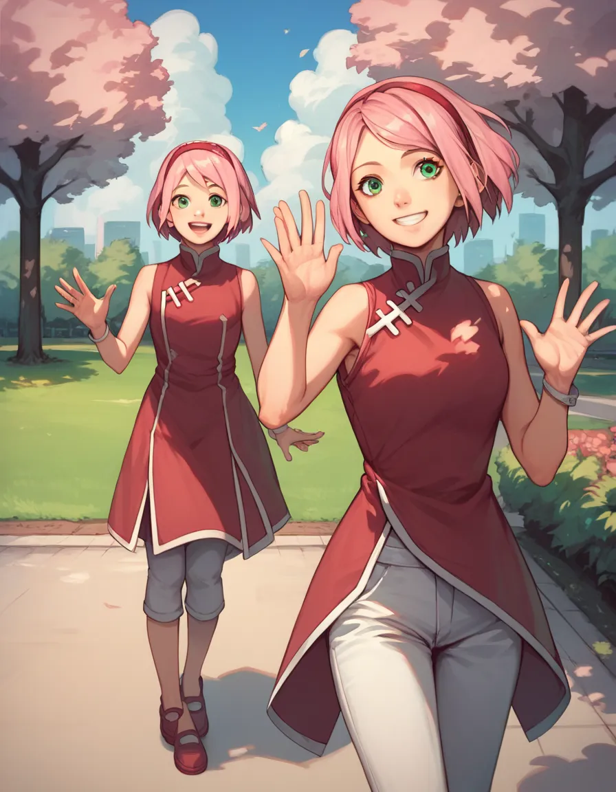 score_9, score_8_up, score_7_up, source_cartoon,(1 girl, sakura haruno, headband, pink hair, green eyes, short hair, red dress, ...