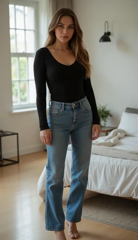 An ultra-realistic photo of a young She stands confidently in a modern and elegant room, perhaps in a spacious bedroom or living room. Her feet are slightly apart, in a relaxed but confident pose. Shes wearing a fitted black top and high-waisted jeans, sub...