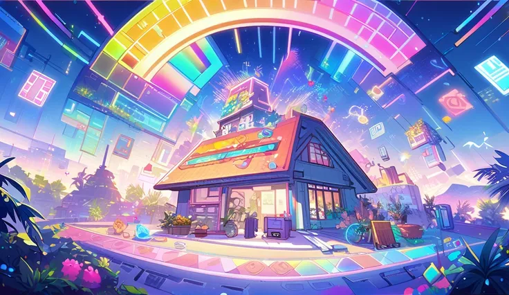 A dreamlike cyberpunk setting where the character is in an idealized place,  surrounded by elements that symbolize personal fulfillment : exuberant nature,  a cozy home , cheerful company ,  and a clear sky with a rainbow in the background .