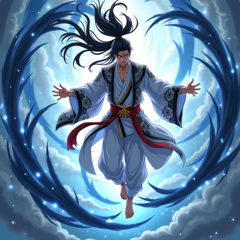 "An anime-style image of a powerful man suspended in mid-air surrounded by swirling, sharp, dark-blue energy tendrils. The man has long, flowing black hair tied into a loose ponytail, with strands floating around due to the energys motion. His eyes are clo...