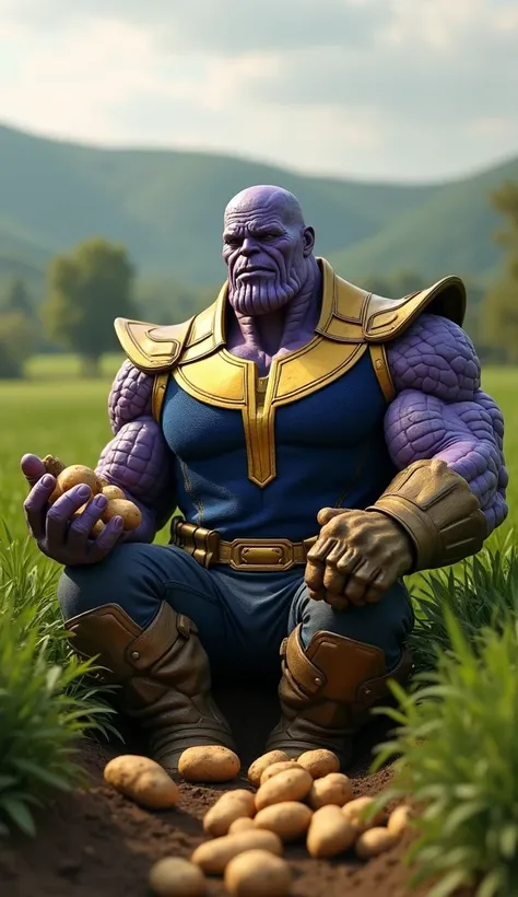 thanos sitting in farm and in hand it has some potatoes