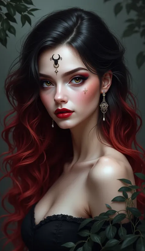 Digital fantasy artwork featuring a female character with a mystical appearance. She has long, wavy hair with shades of deep red and black. Her skin is fair, and her facial features are striking, with high cheekbones, full lips painted in dark lipstick, an...