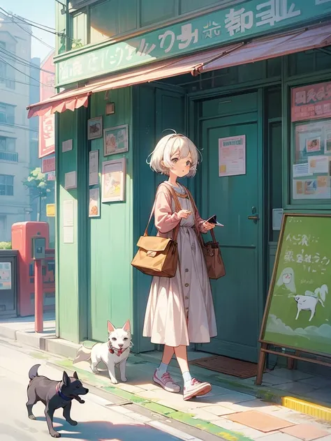 cartoon girl walking with coffee and dog,  cute illustration , Lovely art style, Jan J,  by Needuan , Walking to work, author： Kaneoka Sekane , author：,  Lofi Girl ,  illustration style , author：Araki Shiro ,  illustration line art style ,   cartoon style ...