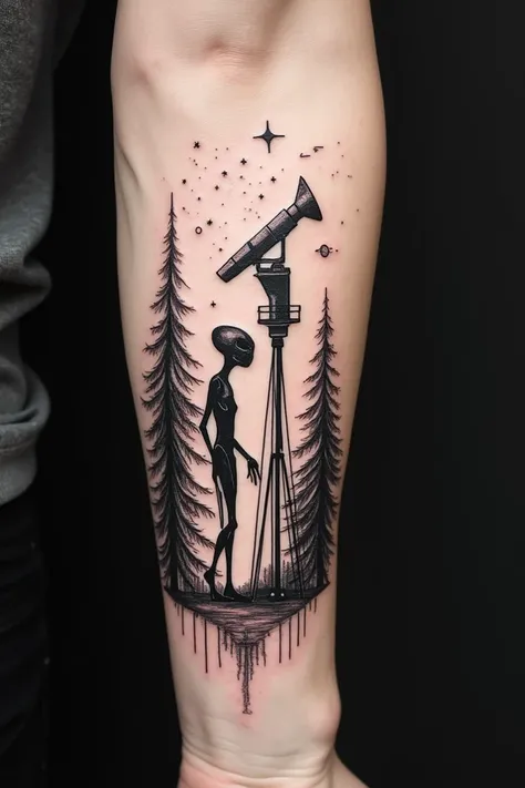  Create a realistic forearm tattoo .  In this image in very simple drawings ,  extremely simple ,  create black and gray lines . Scribble the shadow of an Alien standing next to a large radio telescope. 
Also draw big trees around .  Still with scratches a...