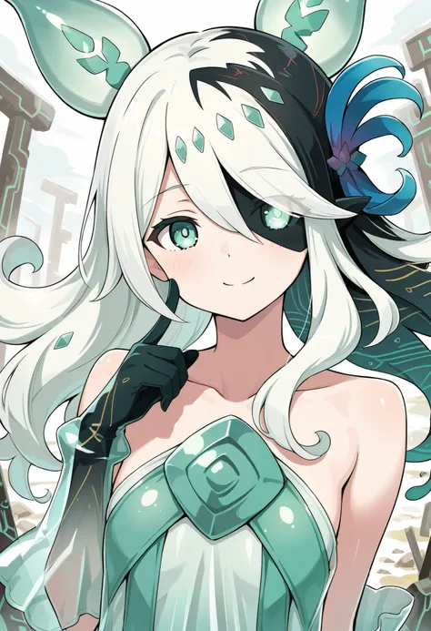 monster girl, icejade acti, 1girl, solo, smile, looking at viewer, upper body, hair over one eye, closed mouth, hair flower, collarbone, see-through body, see-through gloves, see-through dress, finger to cheek, heterochromia,historical ruins,
masterpiece, ...