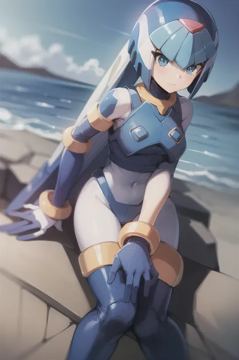 Leviathan_Megamans,  1 girl, Alone,  blue eyes,  android ,  helmet ,  and sits on a rock, Thigh length, water,  High Quality ,  Masterpiece ,
