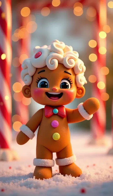 A cheerful and adorable animated gingerbread character with a big smile, rosy cheeks, and curly white frosting hair. The character is dressed with colorful candy buttons and a cute frosting bow tie, striking a playful pose while standing on a sparkling sno...