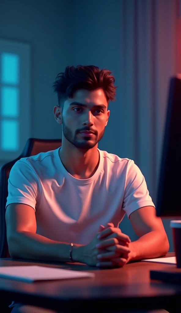 A stunningly realistic 3D render of a 21-year-pakistani speaker confidently seated at a desk in a modern wearing t shirt, dimly lit gaming studio. The lifelike features, including intricate skin textures and natural lighting effects, make the model almost ...