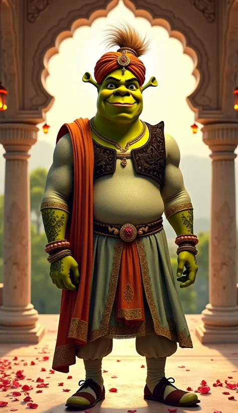 "Create an ultra-realistic and highly detailed illustration of Shrek reimagined with rich Indian cultural influences. Shrek’s classic green skin remains, but his attire is transformed into a stunning traditional Indian outfit, featuring an intricately embr...