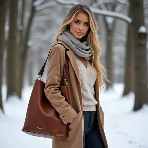  professional full body photo, (photo 4k:1.1) by (Jeremy Lipking:0.3), cuerpo entero, elegant woman , Casual clothing , with V-neck sweater ,  ((up to the neck))  winter, wearing scarf and coat   (((covered breasts))),  in profile,  you can see the bag on ...