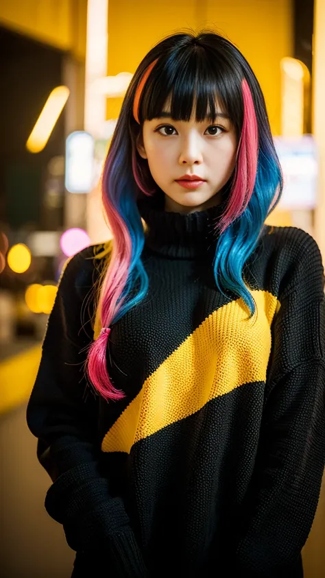 a girl with neon hair, blunt bangs, detailed lips, wearing a sweater, yellow and black color theme, surrealism, best quality, 8k, highly detailed, photorealistic, cinematic lighting, vibrant colors, dramatic composition