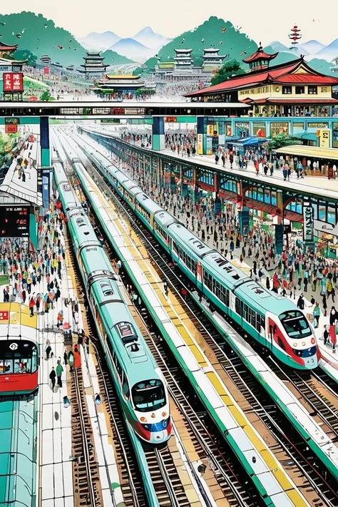 Busy Train Station. by Wu Guanzhong.
best quality, masterpiece, intricate details, ultra-detailed