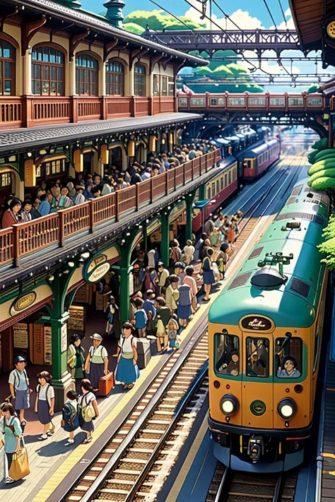 Busy Train Station. by Studio Ghibli Style, Ghibli color, Miyazaki Hayao style.
best quality, masterpiece, intricate details, ultra-detailed