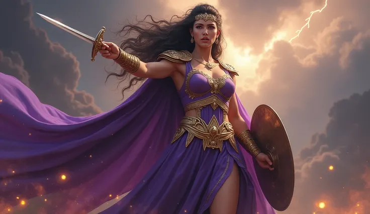 Create a hyper-realistic image of Athena, the Goddess Of Ancient Greek, in a moment of intense fury. She stands tall and regal, her majestic form draped in flowing robes of deep purple and gold, shimmering with divine power. Her long, dark hair cascades ar...