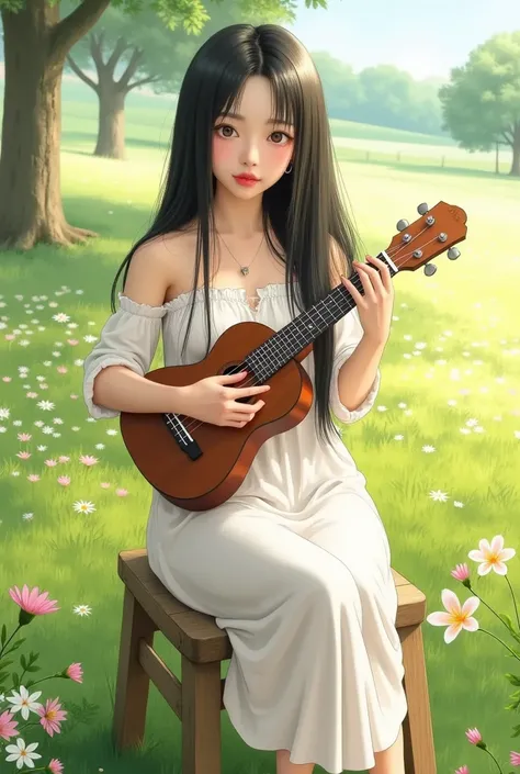 (girl playing ukulele,beautiful detailed eyes,beautiful detailed lips,extremely detailed eyes and face,long eyelashes,smiling,black hair,flowing hair,white dress,holding a ukulele,sitting on a wooden stool,soft natural light,green grass background,flowers ...