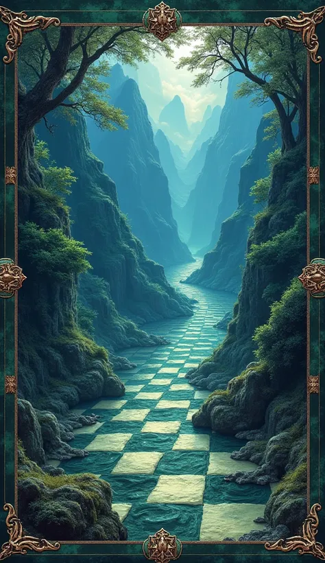 Create a chessboard. incorporating elements of a fantasy landscape. Use intricate, magical designs for the squares, such as enchanted forests, mystical mountains, and glowing rivers. The borders should feature ornate, mythical symbols, and the overall colo...