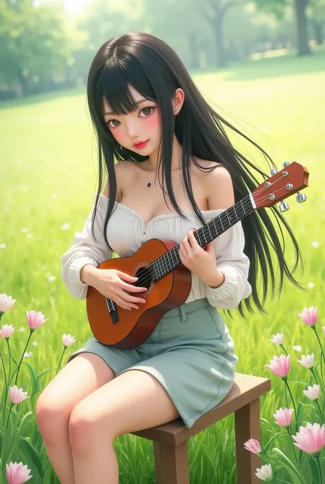 (girl playing ukulele,beautiful detailed eyes,beautiful detailed lips,extremely detailed eyes and face,long eyelashes,smiling,black hair,flowing hair,white dress,holding a ukulele,sitting on a wooden stool,soft natural light,green grass background,flowers ...