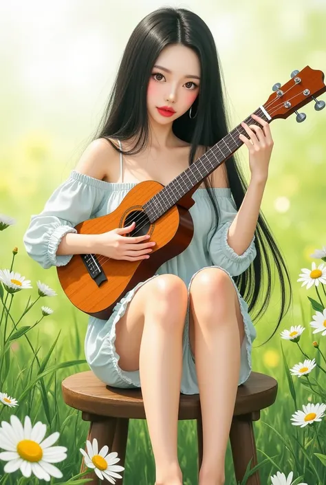 (girl playing ukulele,beautiful detailed eyes,beautiful detailed lips,extremely detailed eyes and face,long eyelashes,smiling,black hair,flowing hair,white dress,holding a ukulele,sitting on a wooden stool,soft natural light,green grass background,flowers ...