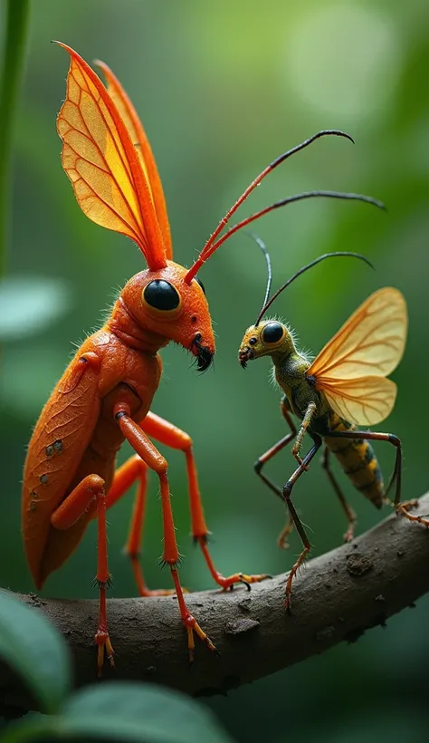  A fire larga and leaf bug, looking at each other from the front 